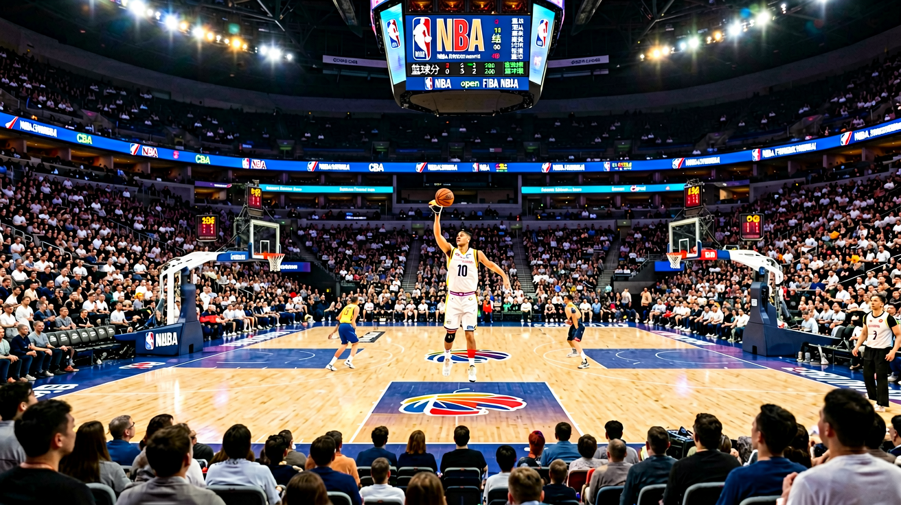 篮球比赛场馆全景，呈现NBA与CBA等全球顶级篮球赛事现场氛围